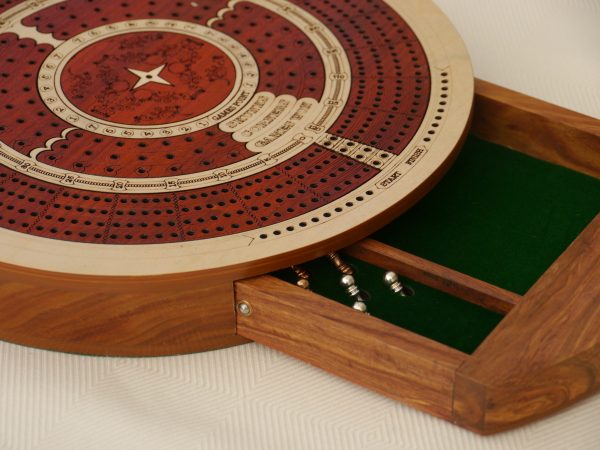 4 Track Round Cribbage with Internal Drawer 27.5 cm Dia - Whitewood