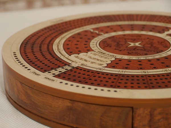 4 Track Round Cribbage with Internal Drawer 27.5 cm Dia - Whitewood - Image 6