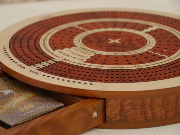 4 Track Round Cribbage with Internal Drawer 27.5 cm Dia - Whitewood - Image 7