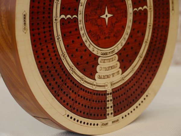 4 Track Round Cribbage with Internal Drawer 27.5 cm Dia - Whitewood - Image 10