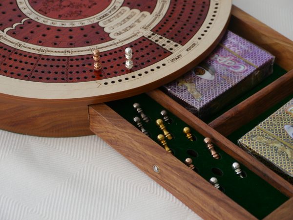 4 Track Round Cribbage with Internal Drawer 27.5 cm Dia - Whitewood - Image 11
