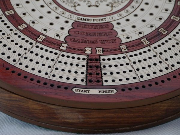 4 Track Round Cribbage with Internal Drawer 27.5 cm Dia - Redwood - Image 3