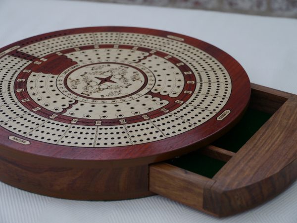 4 Track Round Cribbage with Internal Drawer 27.5 cm Dia - Redwood