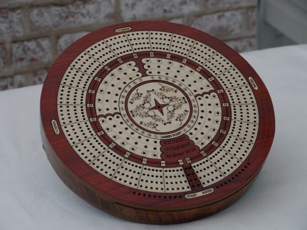 4 Track Round Cribbage with Internal Drawer 27.5 cm Dia - Redwood - Image 4