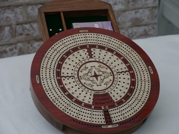 4 Track Round Cribbage with Internal Drawer 27.5 cm Dia - Redwood - Image 5