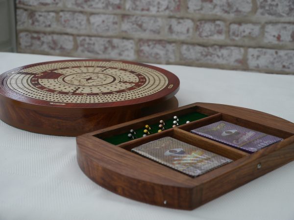 4 Track Round Cribbage with Internal Drawer 27.5 cm Dia - Redwood - Image 6