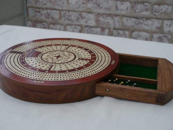4 Track Round Cribbage with Internal Drawer 27.5 cm Dia - Redwood - Image 7