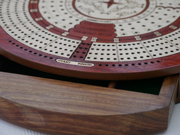 4 Track Round Cribbage with Internal Drawer 27.5 cm Dia - Redwood - Image 8
