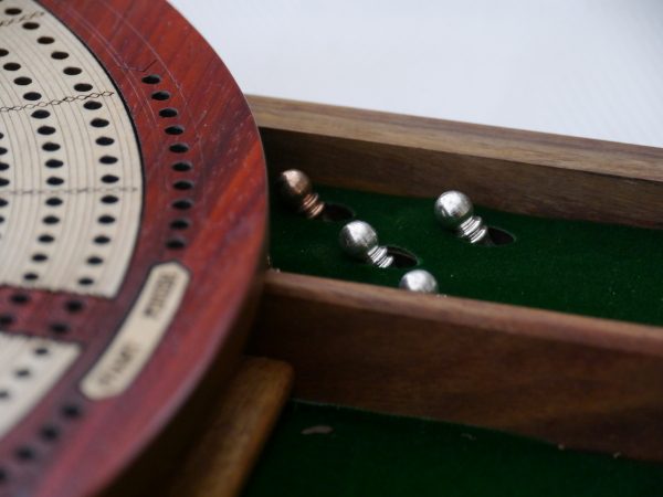 4 Track Round Cribbage with Internal Drawer 27.5 cm Dia - Redwood - Image 10