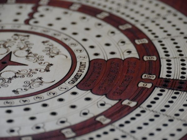 4 Track Round Cribbage with Internal Drawer 27.5 cm Dia - Redwood - Image 11