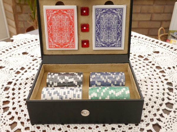 Poker Set with High Quality Playing Cards, Dice and Chips in Leather Case