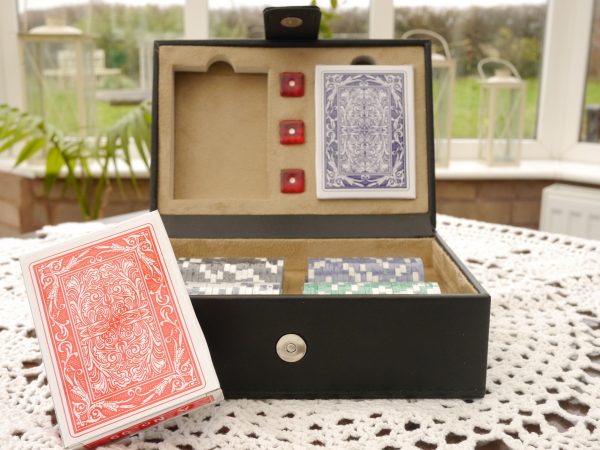Poker Set with High Quality Playing Cards, Dice and Chips in Leather Case - Image 4
