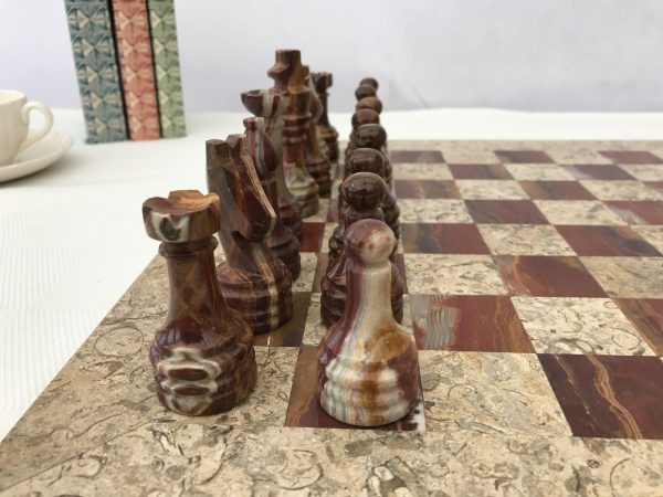 Fossil and Coral Chess Set with Beautiful 16 Inch Marble Chess Board