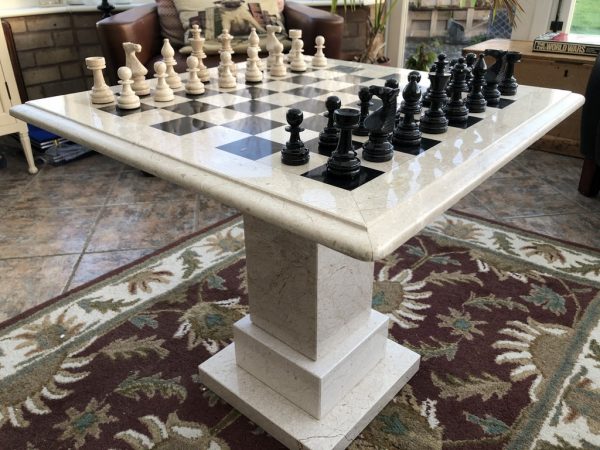 Large Marble Square Chess Table with Chess Pieces
