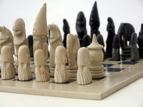 African Marble Black and White Tribal Chess Set with Marble Board