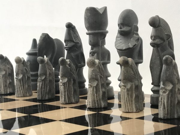Large African Marble Dark Grey and Cream Tribal Chess Set - Image 3