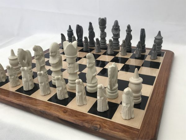 Large African Marble Dark Grey and Cream Tribal Chess Set