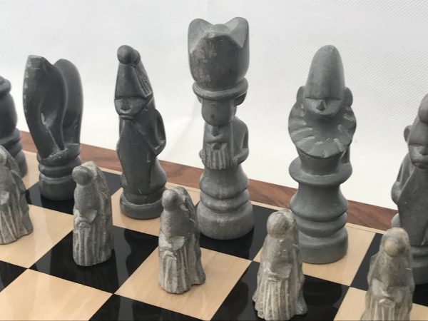 Large African Marble Dark Grey and Cream Tribal Chess Set - Image 4