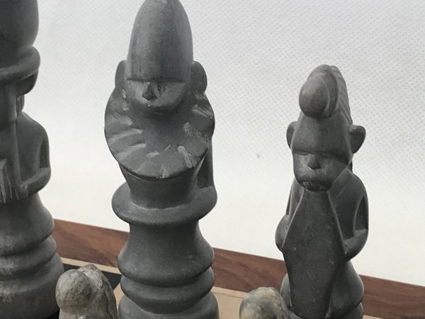 Large African Marble Dark Grey and Cream Tribal Chess Set - Image 5