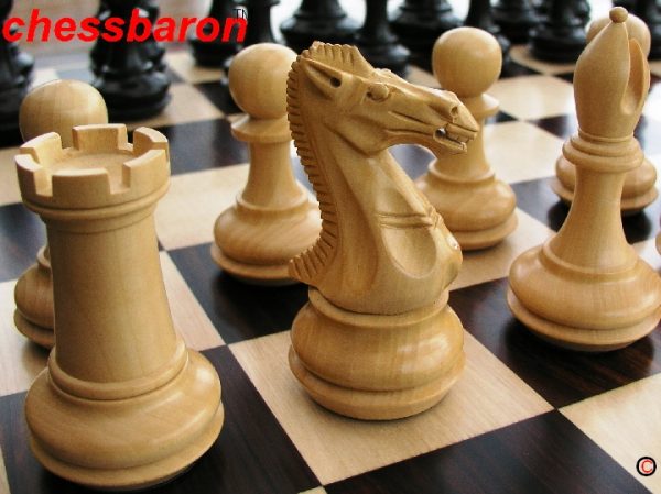 Carved Chamfered Base Ebonised Staunton Chess Set - Image 4