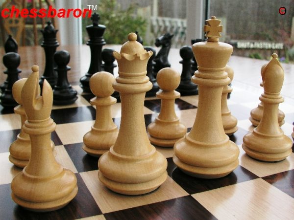 Carved Chamfered Base Ebonised Staunton Chess Set - Image 8