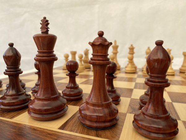 Carved Chamfered Base in Bud Rosewood Staunton Chess Set