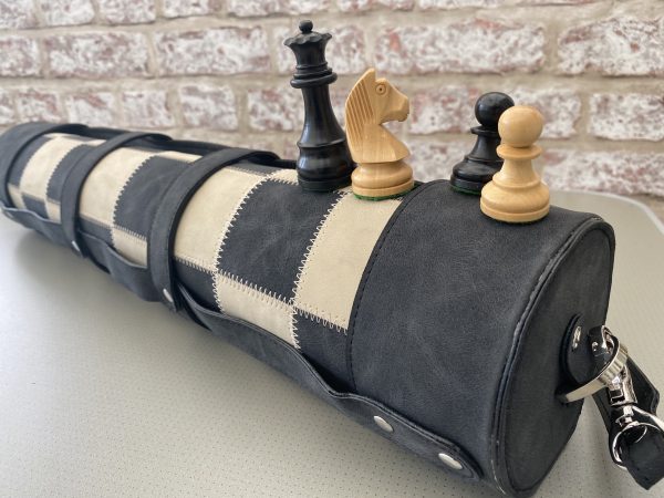 Thick Black LEATHER Chess with Staunton Chess Pieces