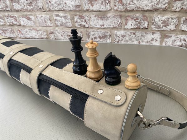Thick Black/Cream Leather Chess Case, Mat and Chess Pieces Included