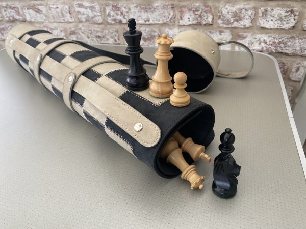 Thick Black/Cream Leather Chess Case, Mat and Chess Pieces Included - Image 5