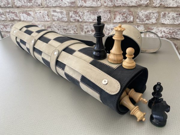 Thick Black/Cream Leather Chess Case, Mat and Chess Pieces Included - Image 6