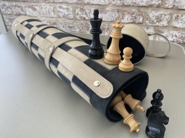 Thick Black/Cream Leather Chess Case, Mat and Chess Pieces Included - Image 7