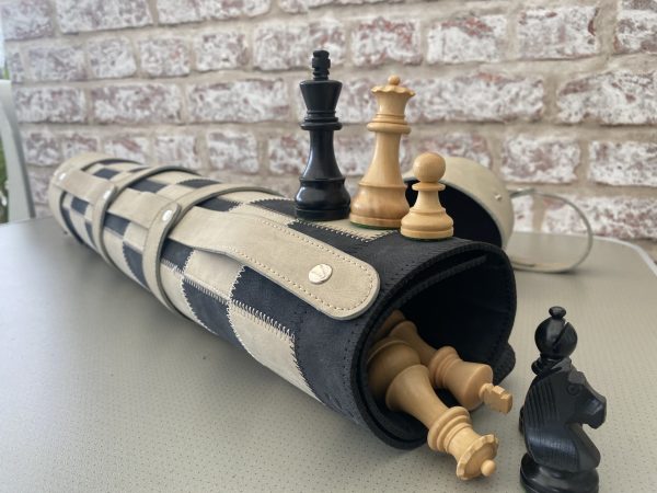 Thick Black/Cream Leather Chess Case, Mat and Chess Pieces Included - Image 8