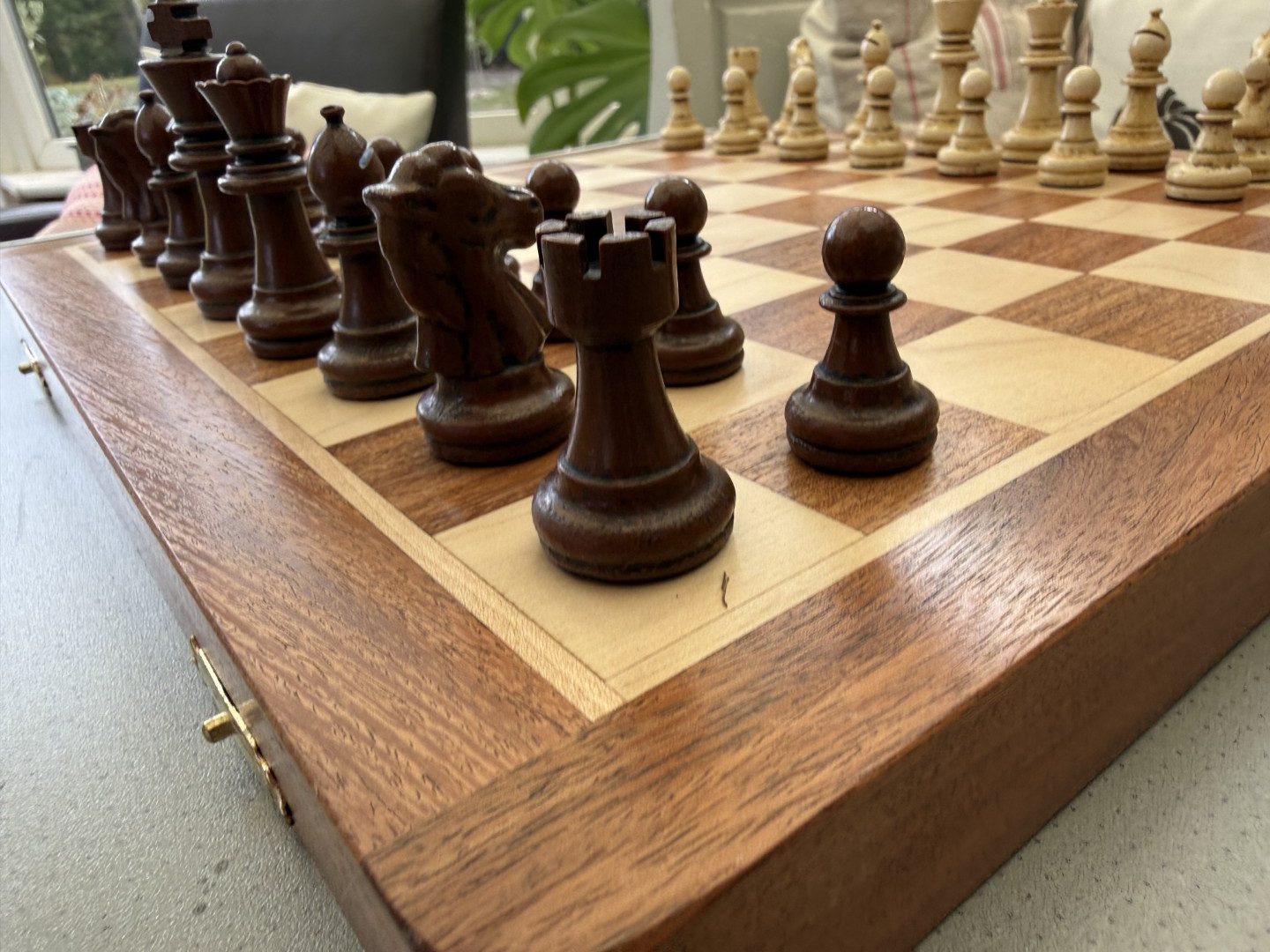 Complete Staunton Chess Set with 12" Board Case and Stone Chess Pieces
